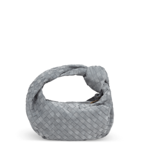 Graue Veloursledertasche der Marke Bottega Veneta mit Knotendesign im Griff.