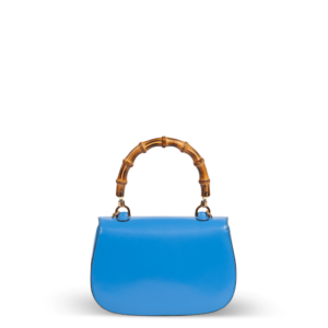Blaue Lederhandtasche mit Bambusgriff der Marke Gucci.