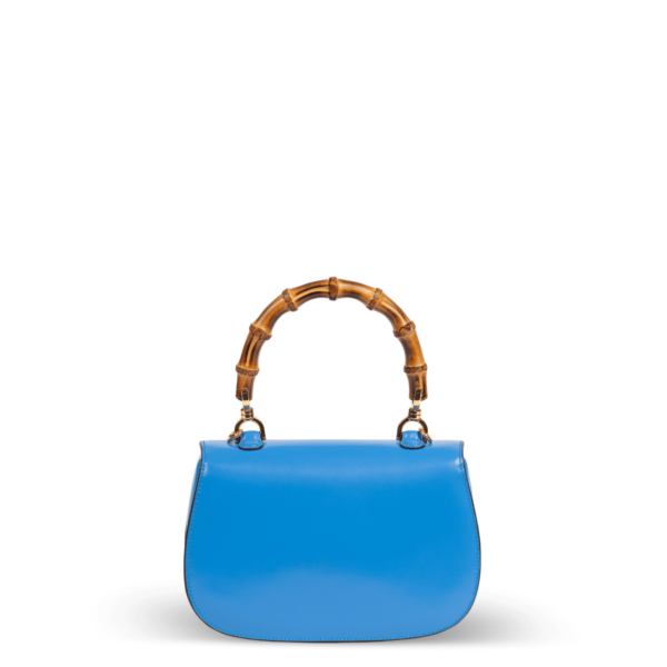 Blaue Lederhandtasche mit Bambusgriff der Marke Gucci.