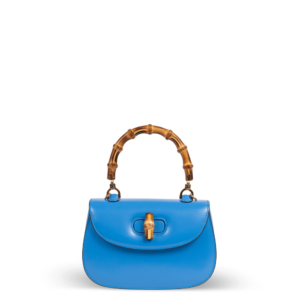 Blaue Lederhandtasche mit Bambusgriff der Marke Gucci.