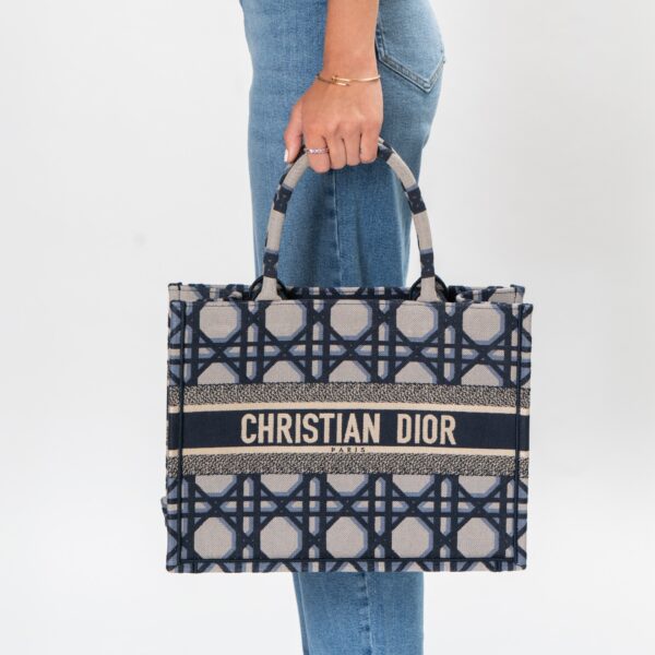 Frau trägt Tote Bag in Blau und Beige aus Jacquard-Gewebe der Marke Dior.