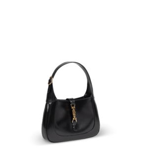 Schwarze Leder-Schultertasche mit goldener Hardware der Marke Gucci.