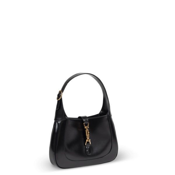 Schwarze Leder-Schultertasche mit goldener Hardware der Marke Gucci.